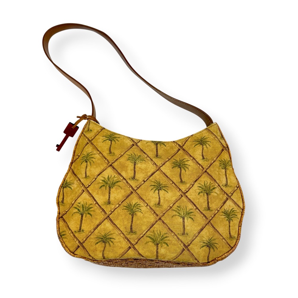 Fossil Y2K Palm Tree Shoulder Bag Purse Whicker Woven Fabric Tropical Retro‎